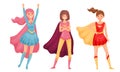 Women Superheros Wearing Cloak and Posing Vector Set