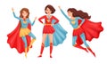 Women Superheros Wearing Cloak and Posing Vector Set