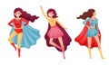 Women Superheros Wearing Cloak and Posing Vector Set