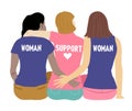 Women support women. Back view of three women supporting each other. Friends hug. The concept of friendship, care and Royalty Free Stock Photo