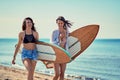 Women surfers walking on the beach and having fun in summer Vacation. Extreme Sport. Royalty Free Stock Photo