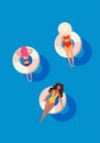 Women in swim suits lying on floating swimming pool mattresses. Summer pool party invitation design. Flyer or banner template.