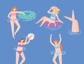 Women swimming in swimwear, lying on floating inflatable, playing ball