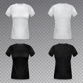 Women t-shirt mockup. Realistic black and white female t-shirts front and back view template, girls clothes marketing branding