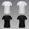 Women t-shirt mockup. Realistic black and white female t-shirts front and back view template, girls clothes marketing