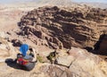 Women takes photo on High Place of Sacrifice. Petra. Jordan. Royalty Free Stock Photo