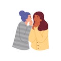 Women talking, whisper secrets cover mouth, gossipping, surprised shocked female listening to rumors vector illustration