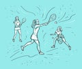 Women tennis players with racquet on blue background. Girls playing tennis. Sketch vector color hand drawn Illustration. Sport