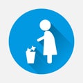 Women throwing garbage in a basket vector icon with long shadow