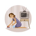 Women tired domestic work set. Girl with vacuum cleaner holds her aching lower back sad woman sits near washing machine