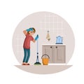Women tired domestic work set. Girl with vacuum cleaner holds her aching lower back sad woman sits near washing machine