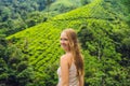 Women tourist at a tea plantation. Natural selected, Fresh tea leaves in tea farm in Cameron Highlands, Malaysia Royalty Free Stock Photo