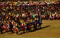 Women in traditional costumes dancing at the Umhlanga aka Reed Dance for their king Lobamba, Swaziland