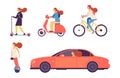 Women and transport. Girl bicycle and scooter, in car. Isolated female driving and riding vector set