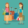 Women travelers with suitcases characters