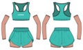 Women two piece Running set with Sports bra top, Shorts with compression tights and arm sleeve hand cover design flat sketch