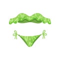 Women two-piece swimwear with ruffle top. Bright green bikini. Female clothing for swimming. Flat vector icon