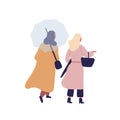 Women with umbrella flat vector illustration. Autumn season, rainy day, overcast weather, walk under rain. Girls wearing