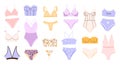 Women underwear accessories set. Girls thong panty and bra, lingerie or swimsuit. Underwear clothes, isolated sexy Royalty Free Stock Photo