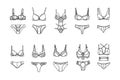 women underwear Collection of fashionable. Doodle outline hand drawn style. bra and panties