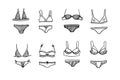 women underwear Collection of fashionable. Doodle outline hand drawn style. bra and panties