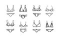 women underwear Collection of fashionable. Doodle outline hand drawn style. bra and panties