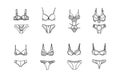 women underwear Collection of fashionable. Doodle outline hand drawn style. bra and panties