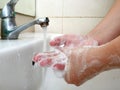 Women use liquid soap washing hands. Royalty Free Stock Photo