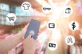 women use mobile phone and blurred image of supermarket with icon hand drawing. shopping concept.