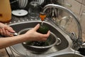 A women using a colander and a kitchen sink to wash an avocado. Royalty Free Stock Photo