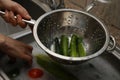 A women using a colander and a kitchen sink to wash marrows. Royalty Free Stock Photo