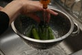 A women using a colander and a kitchen sink to wash marrows. Royalty Free Stock Photo