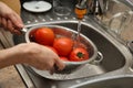A women using a colander and a kitchen sink to wash tomatoes. Royalty Free Stock Photo
