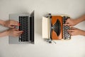 Women using laptop and old typewriter at light table, top view. Concept of technology progress Royalty Free Stock Photo