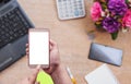 The women using smartphone on office desk Royalty Free Stock Photo