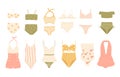 Women vintage swimsuit set. Stylish women`s swimwear, beachwear retro collection: one-piece, bikini, high waisted