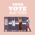 Women at voting booth with your vote matters text vector design Royalty Free Stock Photo