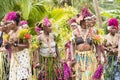 Costumed women waiting for dancing ceremony Solomon Islands between tropical vegetation Royalty Free Stock Photo