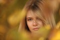 Young women walking autumn park fanny sunny day