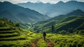 Women walking on rice terraces in Mu Cang Chai, Yen Bai, Vietnam