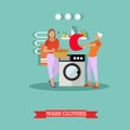 Women wash clothes in washing machine. Vector illustration in flat style