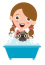 Women washing the dog, Happy puppy Having a Bath, dog grooming, Vector flat cartoon illustration