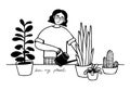Women with a watering can watering flowers isolated on white background. Hand drawn line vector stock illustration Royalty Free Stock Photo
