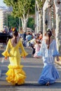 Women wearing Colorful Spanish flamenco dresses.