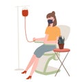Women wearing mask sit on chair blood donor transfusion pack to bag with flat style Royalty Free Stock Photo