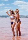 Women wearing swimsuits posing at the salt lake Royalty Free Stock Photo