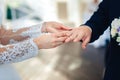 A women wears a wedding ring on the finger of a man on wedding ceremony Royalty Free Stock Photo