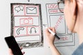 Women website designer creative planning application development drawing template layout framework wireframe design studio . User