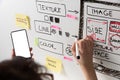 Women website designer creative planning application development drawing template layout framework wireframe design studio . User