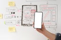 Women website designer creative planning application development drawing template layout framework wireframe design studio . User